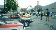 Rally cars lined up on the streets of Rumford.